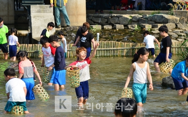 어린이날 담양찾은 아이들, '대소쿠리로 물고기잡기'