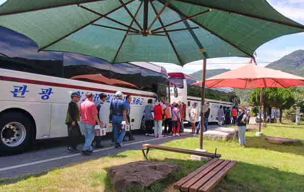 [영동=코리아플러스] 이수옥 기자 = 영동포도축제에 참여한 관광객들이 금강모치마을 포도농원에  들러 포도따기 체험을 마친 후 버스에 오르고 있다.