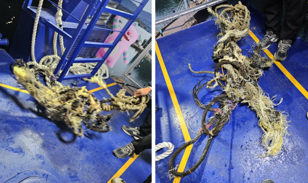 【서울=코리아플러스】김도희 기자 = 서울시는 한강버스 뚝섬선착장이 11월 16일부터 18일까지 3일간 무정차 통과된다고 밝혔다. (프로펠러에서 제거 된 로프) (사진=서울시)